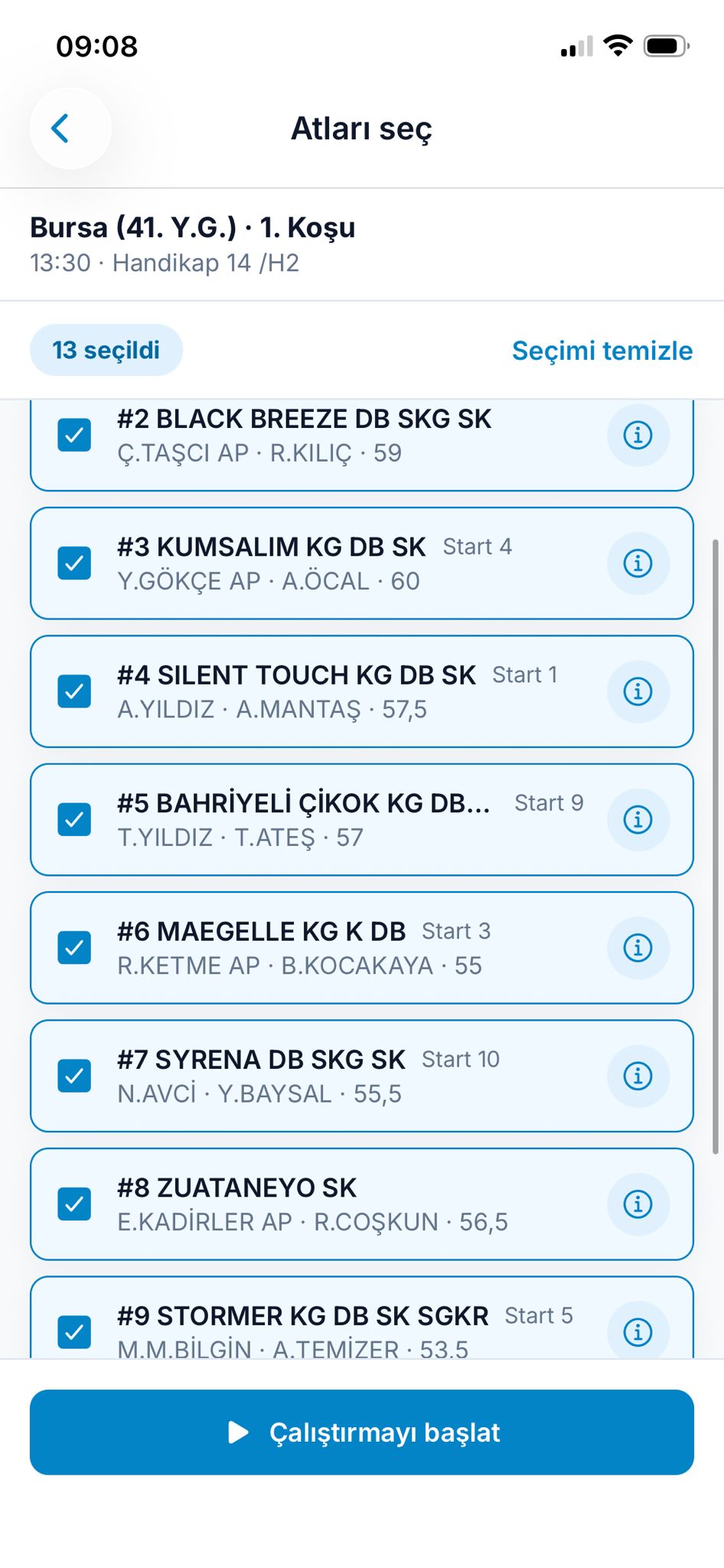 Uygulamada at seçimi ekranı
