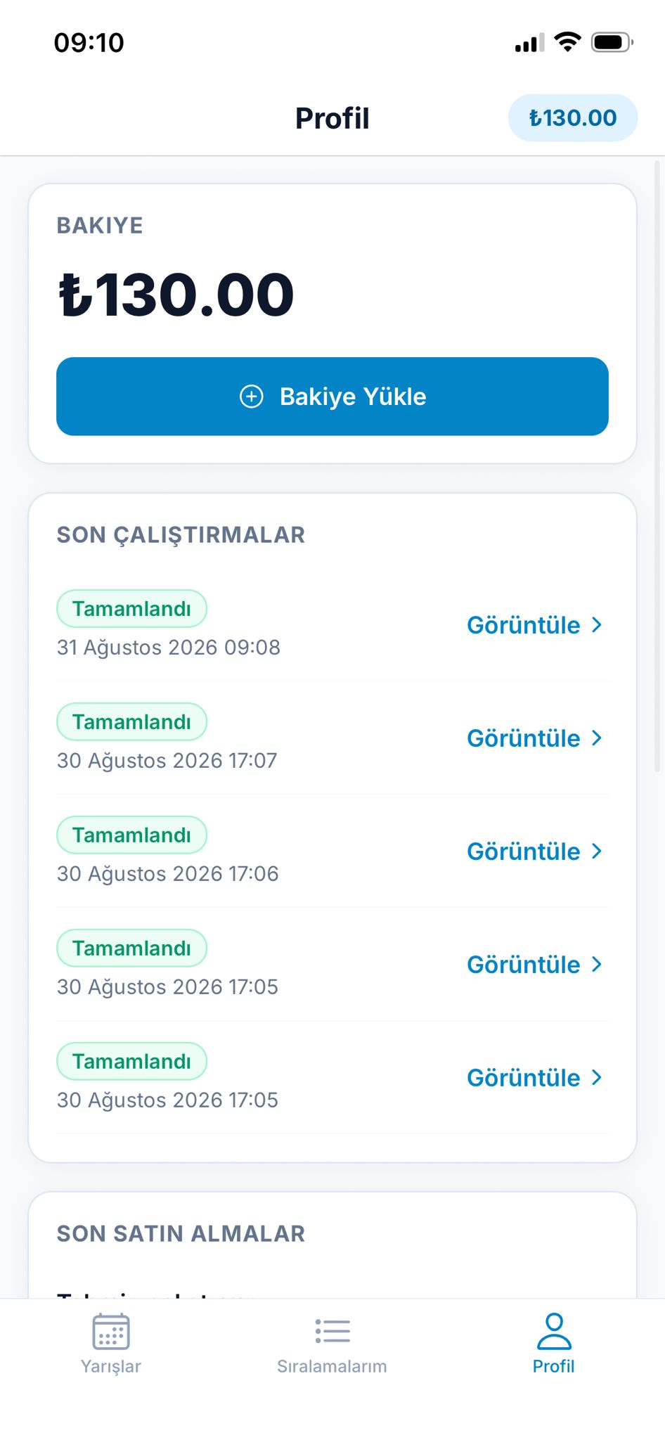 Uygulamada profil ve geçmiş ekranı